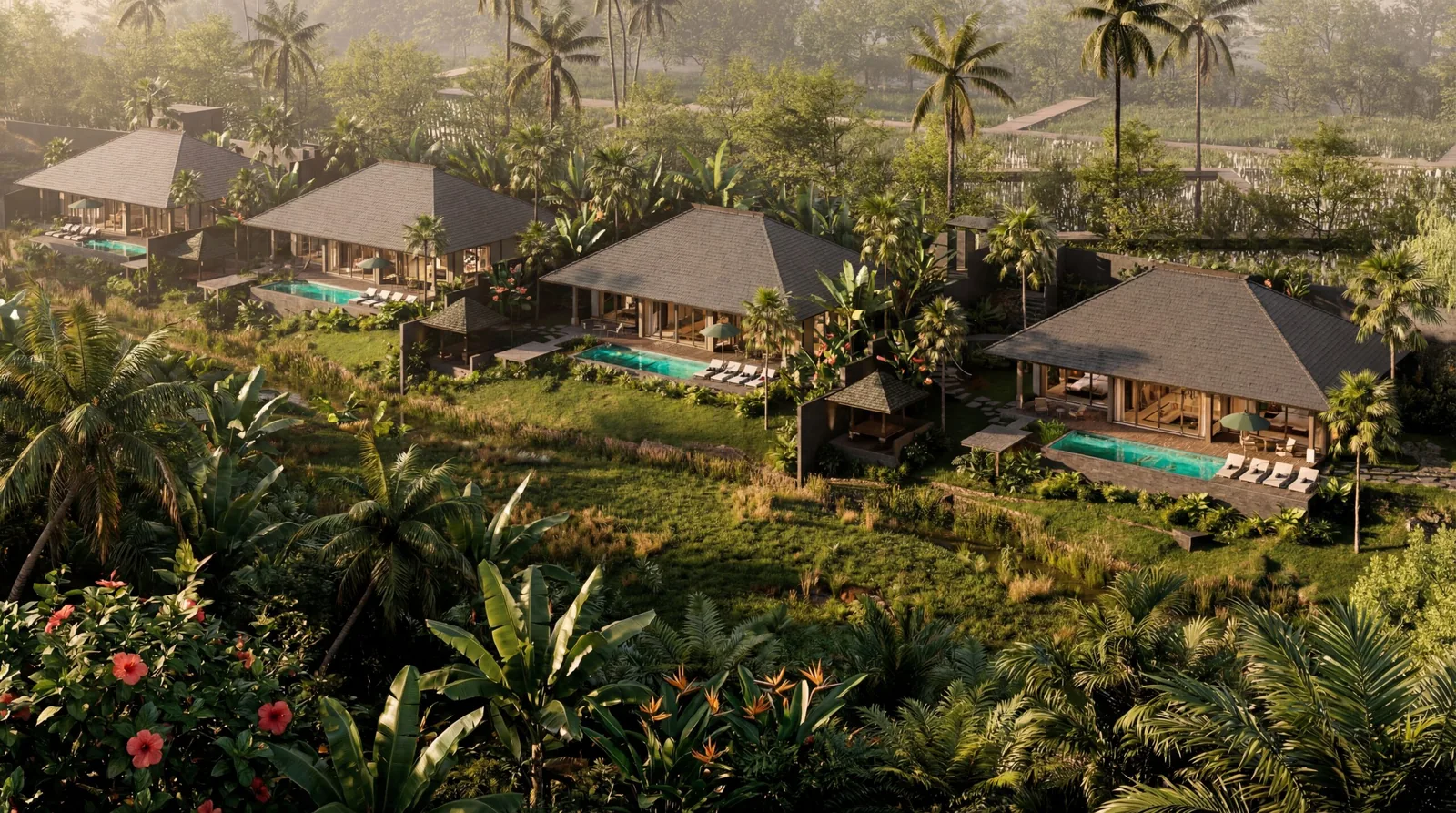 Four private villas on the nyawa estate, each with its own pool, seen from above