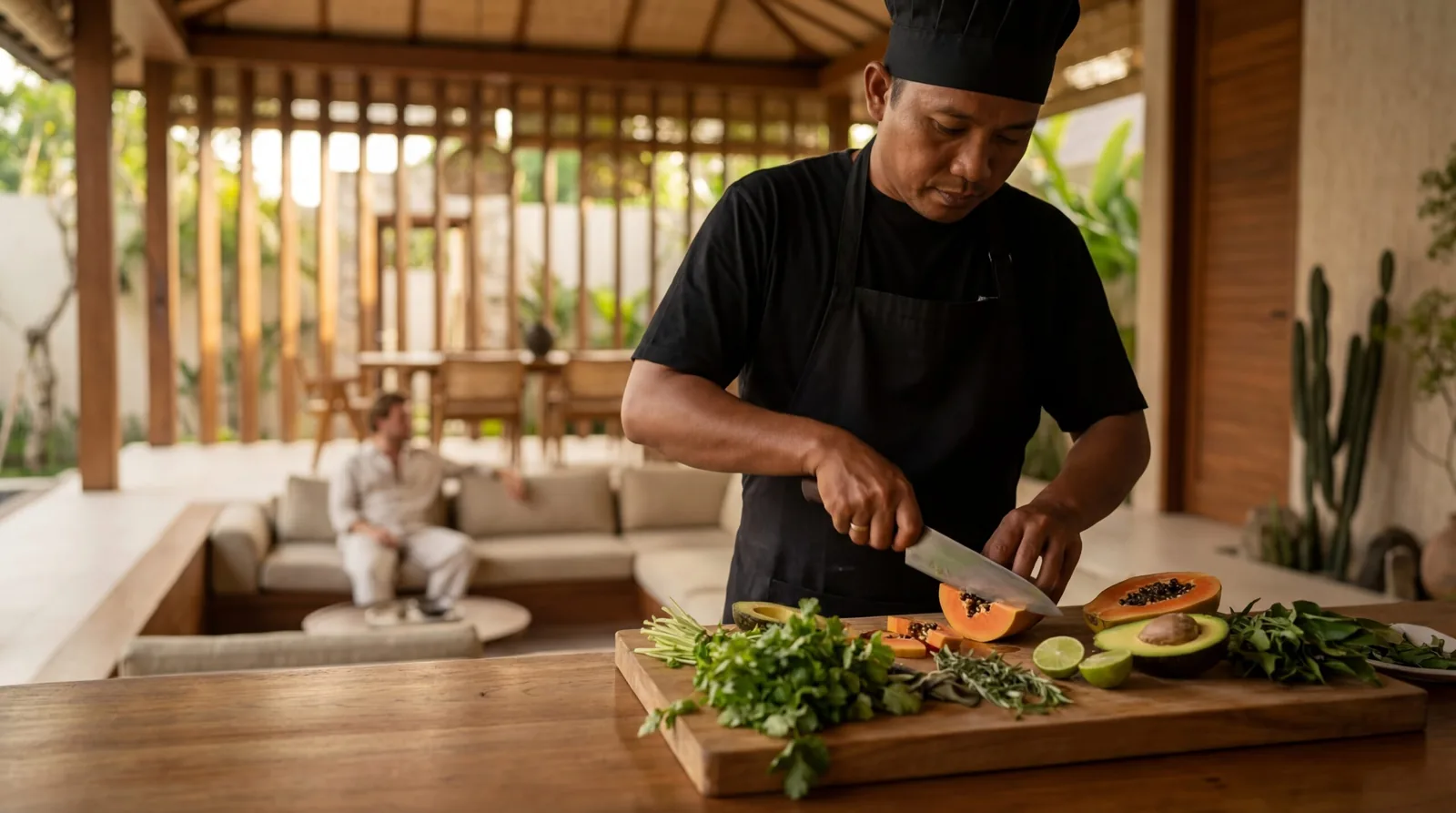 A private chef preparing fresh food in a nyawa villa kitchen