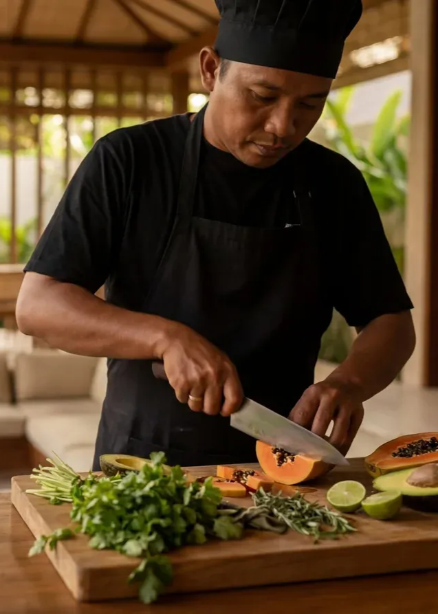 A private chef preparing fresh food in a nyawa villa kitchen