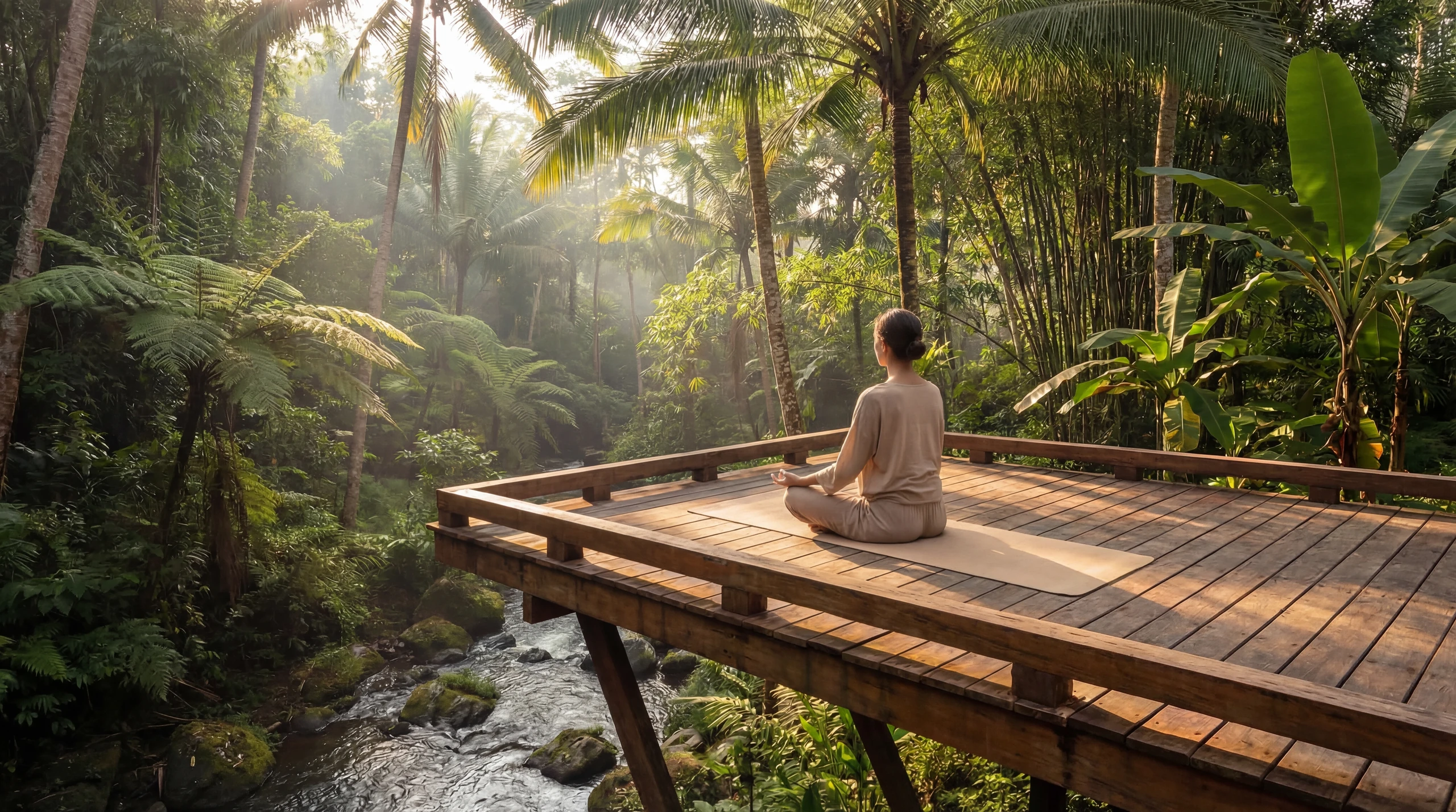 A quiet wooden deck above the river at nyawa